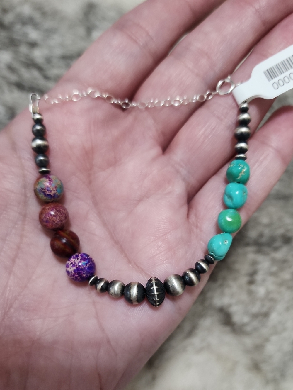 Sterling Silver Snowy Turquoise & Sedimate Jasper with Desert Pearls Bracelet - Picture 4 of 5